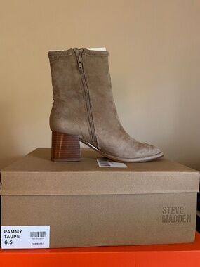 Steve Madden Pammy Taupe Suede Block Heel Ankle Boots